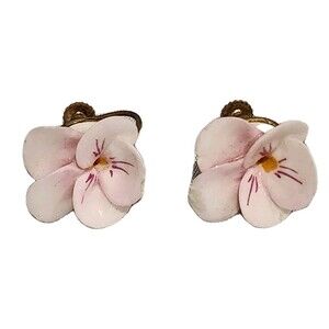Vintage Denton England Bone China Pink Pansy Flower Screw Back Earrings